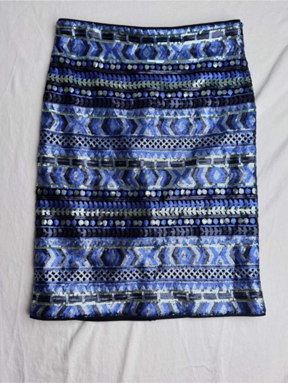 Sequin Pencil Skirt Size 6 Blue Green Geometric Knee Length Riani - Picture 2 of 9